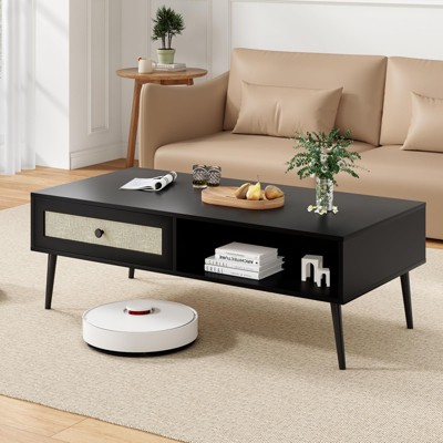 Lirago Mid-Century Modern Wooden 2-Tier Coffee Table with Rattan Drawer-Compact Storage Solution for Living Room-Black