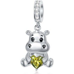 Sterling Silver Hippo Charm with 12 Birthstones - Animal Bead for Bracelets, Gift for Hippo Lovers - 1 of 4