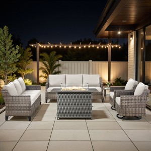 Buenhomino 6 Pieces Wicker Outdoor Patio Furniture Set Conversation Sofa Couch with a Fire Pit Table, Swivel Chairs and Cushions - 1 of 4