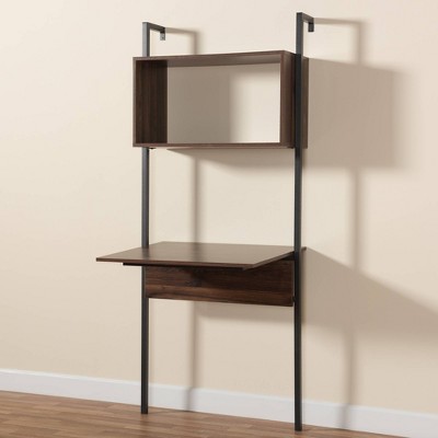Fariat Walnut Brown Wood and Black Metal Display Shelf with Desk