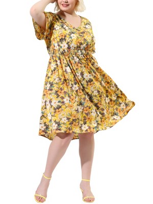 Agnes Orinda Women's Plus Size V Neck Floral Smocked Beach Summer Midi Empire Waist Dresses