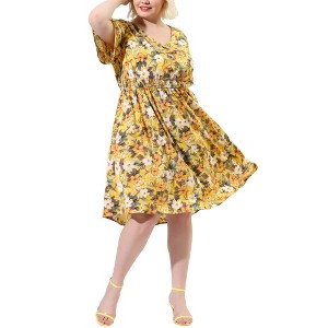 Agnes Orinda Women's Plus Size V Neck Floral Smocked Beach Summer Midi Empire Waist Dresses - 1 of 4