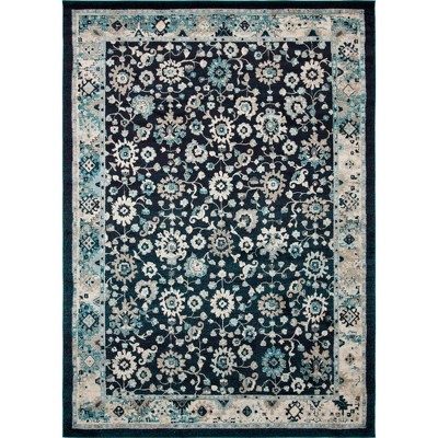 Navy Blue and Beige Floral Synthetic 10' x 14' Area Rug