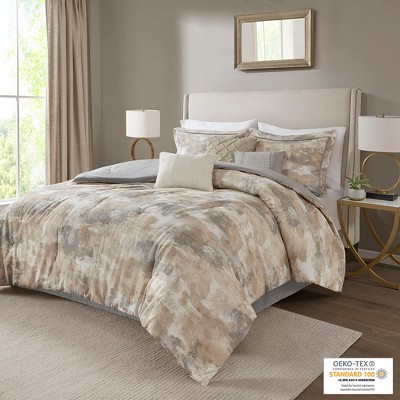 7Pcs Stylish Cotton Abstract Print Comforter Set, All Season Elegant Home Textile fits Lux Bedroom Decor