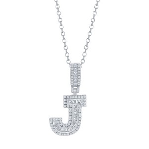 Bella Silver Sterling Silver 'J' Baguette CZ Initial 18" Pendant Necklace  - Silver - 1 of 2