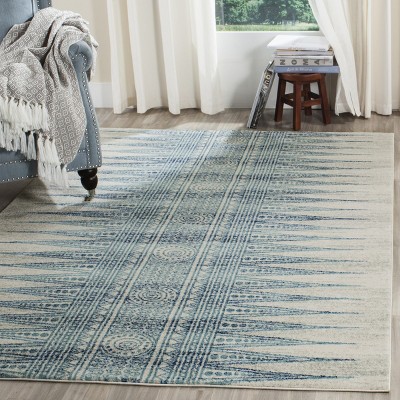 Ivory and Turquoise High Pile Synthetic Area Rug, 4' x 6'