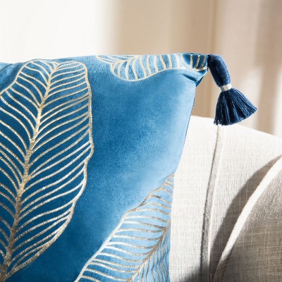 Dark Blue and Gold Feather Pattern Square Throw Pillow