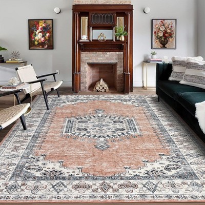 Washable Vintage Oriental Rug Non Slip Low Pile Rug Soft Throw Floor Cover Retro Medallion Foldable Indoor Carpet for Living Room Bedroom