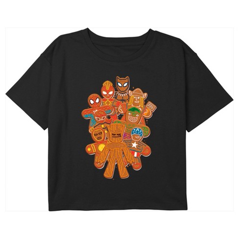 Girl s Marvel Christmas Gingerbread Avengers Crop T shirt Target