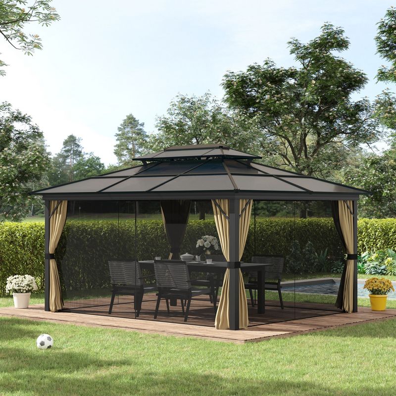 Outsunny 11x15 Hardtop Gazebo with Aluminum Frame, Polycarbonate Gazebo Canopy with Ceiling Hooks, Curtains and Netting, Beige, 3 of 7