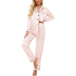 Ekouaer Women's Classic Button Down Long Satin Silk Pajama Set - 1 of 4