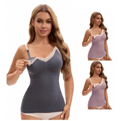 INSPIRE CHIC Women's 3 Pcs Lace V Neck Pregnancy Cami with Built-In Bra Maternity Nursing Tank Top for Breastfeeding