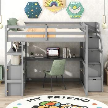Full Size Loft Bed with Desk, Shelves, Two Built-in Drawers, and Stairs for Storage - ModernLuxe