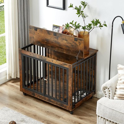 Dog Crate Furniture, Flip-Top Dog Kennel with Removable Bowls, Heavy Duty Chew-Proof Design for Small/Medium/Large Dogs, Multi-Functional End Table