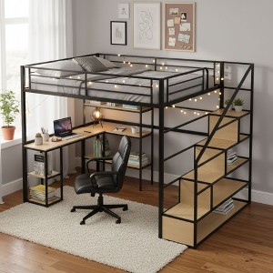 Whisen 93.7'' x 56.3'' Full Size Metal Loft bed with Storage Staircase and Built-in Desk and Shelves, Modern Style - Black - 1 of 4