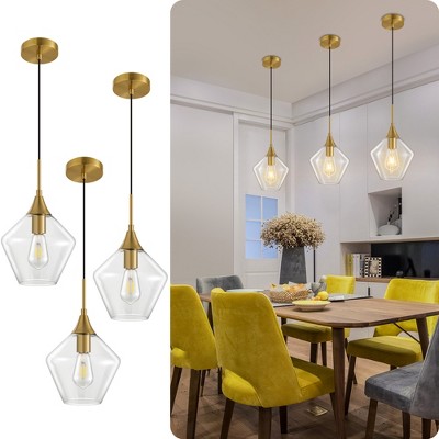 POWLIG 9" Adjustable Gold Pendant Light - Set of 3 Modern Glass Shade Chandelier