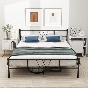 IULULU Bed Frame with Headboard, Noise-Free Slat Mattress Foundation, No Box Spring Required, Black - 1 of 4