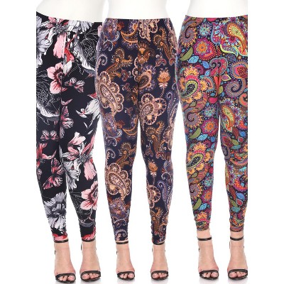 Women's Pack of 3 Plus Size Leggings Colorful Paisley,Purple/Gold Paisley,  White/Coral/Black One Size Fits Most Plus - White Mark