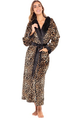 Women's Winter Robe with Faux Fur Feather, Plush Fleece Hooded Bathrobe