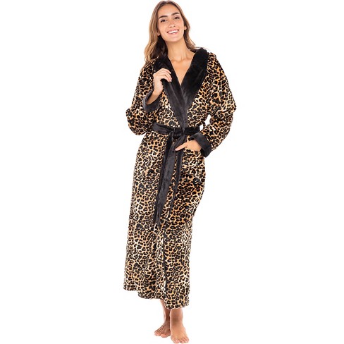 Adr Women's Classic Winter Robe, Hooded Plush Fleece Bathrobe Leopard Print  X Small : Target