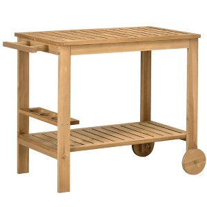 Resenkos Outdoor Bar Cart, Wood Rolling Home Bar & Serving Cart with 2 Shelves, Wine Bottle Holders for Garden, Dining Room, Natural Brown - 1 of 4