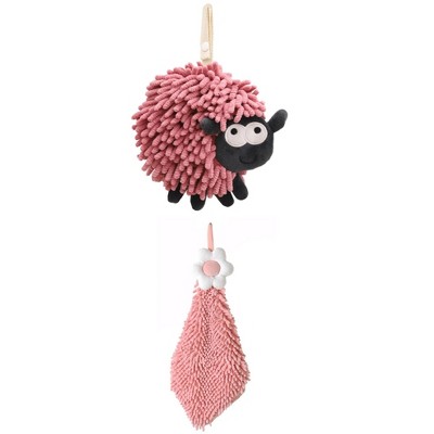 REGALWOVEN Flower and Sheep Shape Absorbent Fast Drying Chenille Hand Towels with Hanging Loop 6" x 15"/7" x 7" 2 Packs