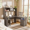 Aheaplus L Shaped Corner Desk with Hutch, Computer Desk Workstation with Charge Station and File Cabinet - Gray Oak - 2 of 4