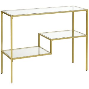Gold Metal Console Table with Tempered Glass Top and 3 Storage Shelves, Modern Narrow Entryway Sofa Table - 1 of 4