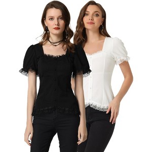 INSPIRE CHIC Women's Square Neck Solid Color Puff Short Sleeve Lace Up Gothic Blouse 2 Packs - 1 of 4