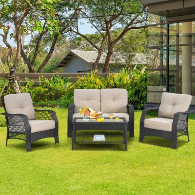 Costway 4PCS Patio Wicker Furniture Set Loveseat Sofa Coffee Table W/ Cushion