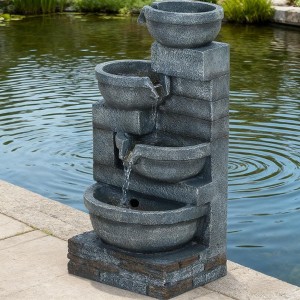 Okak 4-Tier Resin Waterfall Fountain with Inner Pump, Water Fountain with Cascading Water Bowls Design, Outdoor Fountain for Garden, Patio, Gray - 1 of 4
