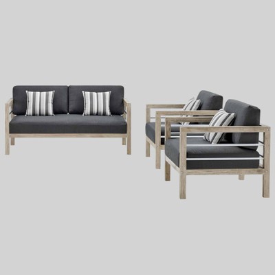 Wiscasset 3pc Outdoor Patio Acacia Wood Set with Loveseat and 2 Chairs - Light Gray - Modway