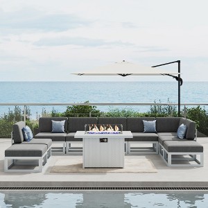 LayinSun 10-Piece Large Outdoor Modular L-Shaped Sectional Set with Propane Fire Pit Table - 1 of 4