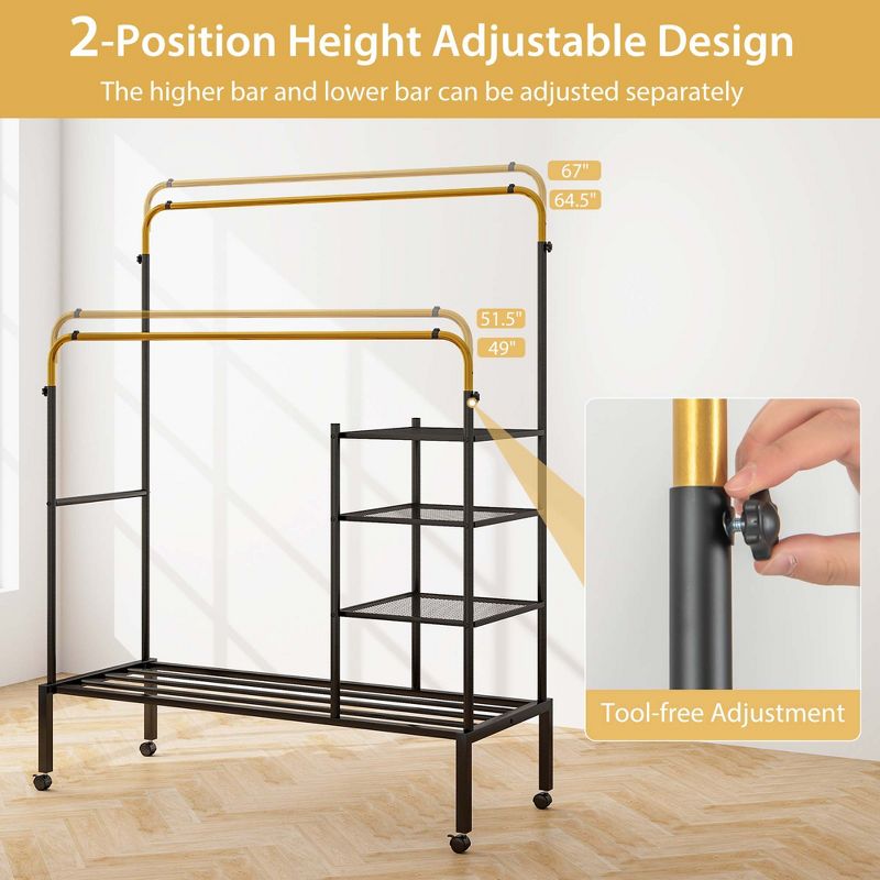Costway Rolling Clothes Drying Rack Double Rods Garment Rack with Height Adjustables Gold/Silver, 5 of 11