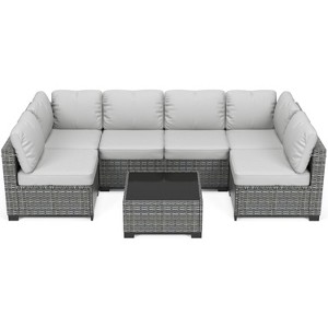 7-Piece Outdoor Patio Furniture Set - All-Weather PE Wicker Sectional Sofa with Cushions and Glass Coffee Table, Modular 6-Seater Living Room Set - 1 of 4