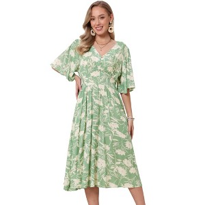 INSPIRE CHIC Women's Floral Casual Summer Ruffle Sleeve V Neck Beach Boho A Line Midi Dresses - 1 of 4