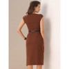 INSPIRE CHIC Women's Elegant Business Round Neck Belted Cap Sleeve Work Sheath Dresses - 3 of 4