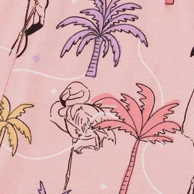 palm trees, pink flamingo, and turquoise