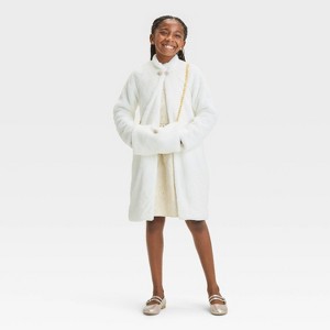 Girls' FAO Schwarz Faux Fur Coat & Dress Set - Ivory - 1 of 4
