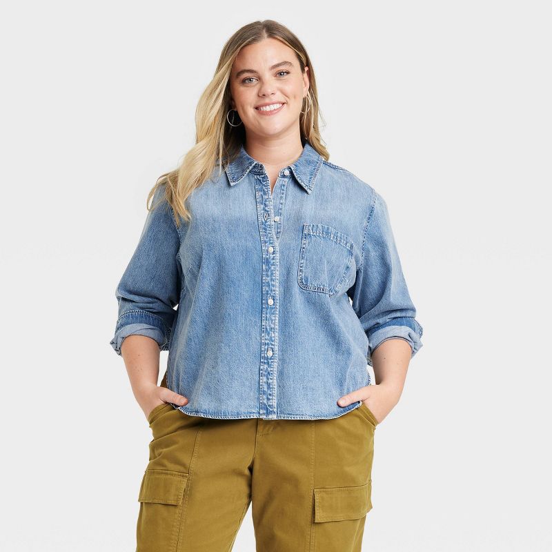  Women's Long Sleeve Collared Cropped Button-Down Shirt - Universal Thread™ Indigo, 1 of 11