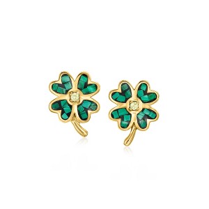 Ross-Simons Malachite Mosaic Inlay 4-Leaf Clover Earrings With .20 ct. t.w. Peridot in 18kt Gold Over Sterling Silver - 1 of 3