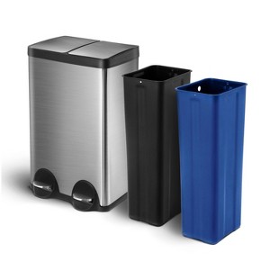 Home Zone Living 16 Gallon Dual Trash and Recycling Can with Removable Liners and Soft Close Lids, Stainless Steel, Silver - 1 of 4