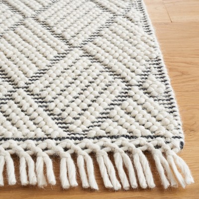 Ivory and Black Geometric Flat Woven Wool Rug, 3' x 5'
