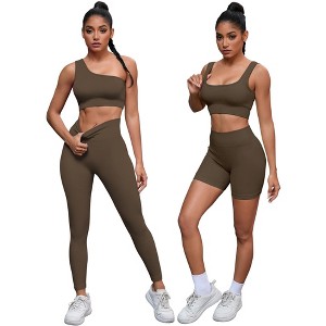 INSPIRE CHIC Women's Exercise Outfits Scoop Neck One Shoulder High Waist Gyms Body Shapers 4 Pieces Workout Set - 1 of 4