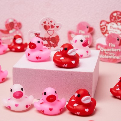 Joyfy 24 Pcs Valentine's Day Mini Rubber Ducks 1.2 Inches with Gift Cards, Small Rubber Duckies with Duck Card Tags for Classroom Exchange Prizes