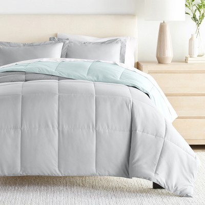 Full/Queen Aqua and Light Gray Reversible Microfiber Comforter Set