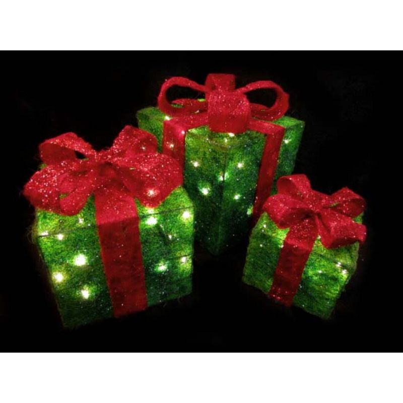 Northlight Set of 3 Lighted Green Gift Boxes with Red Bows Outdoor Christmas Decorations 10", 2 of 5