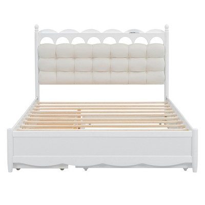 Bellemave Queen Bed Frame with Headboard & USB Ports Frame with 2 Drawers,  No Box Spring Needed, No Noise，Wood,White