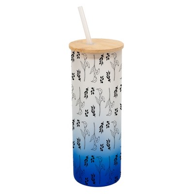 Elanze Designs Calla Lily Flower Floral Wrap-Around Design 25 Ounce Frosted Gradient Glass On-The-Go Coffee Travel Skinny Tumbler Mug Cup, Bamboo Lid