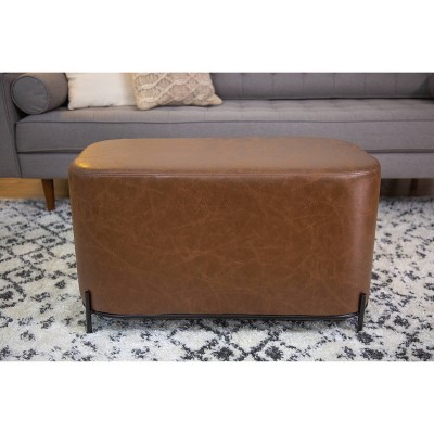 Distressed Brown Faux Leather Upholstered Bench with Black Metal Base